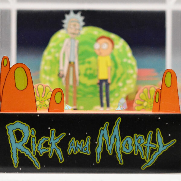 Rick and Morty diorama close up view featuring Rick and Morty on an alien planet